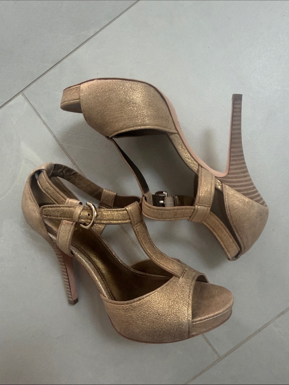 Coach Metallic Gold T-Strap Peep-Toe Heels